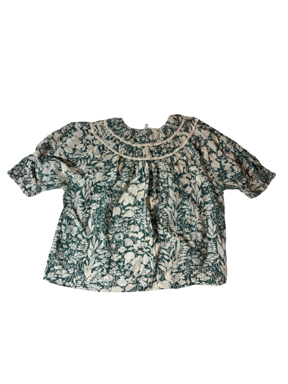 THE GREAT Floral Cotton Prairie Blouse Size 3 Large Green Puff Sleeve Boho